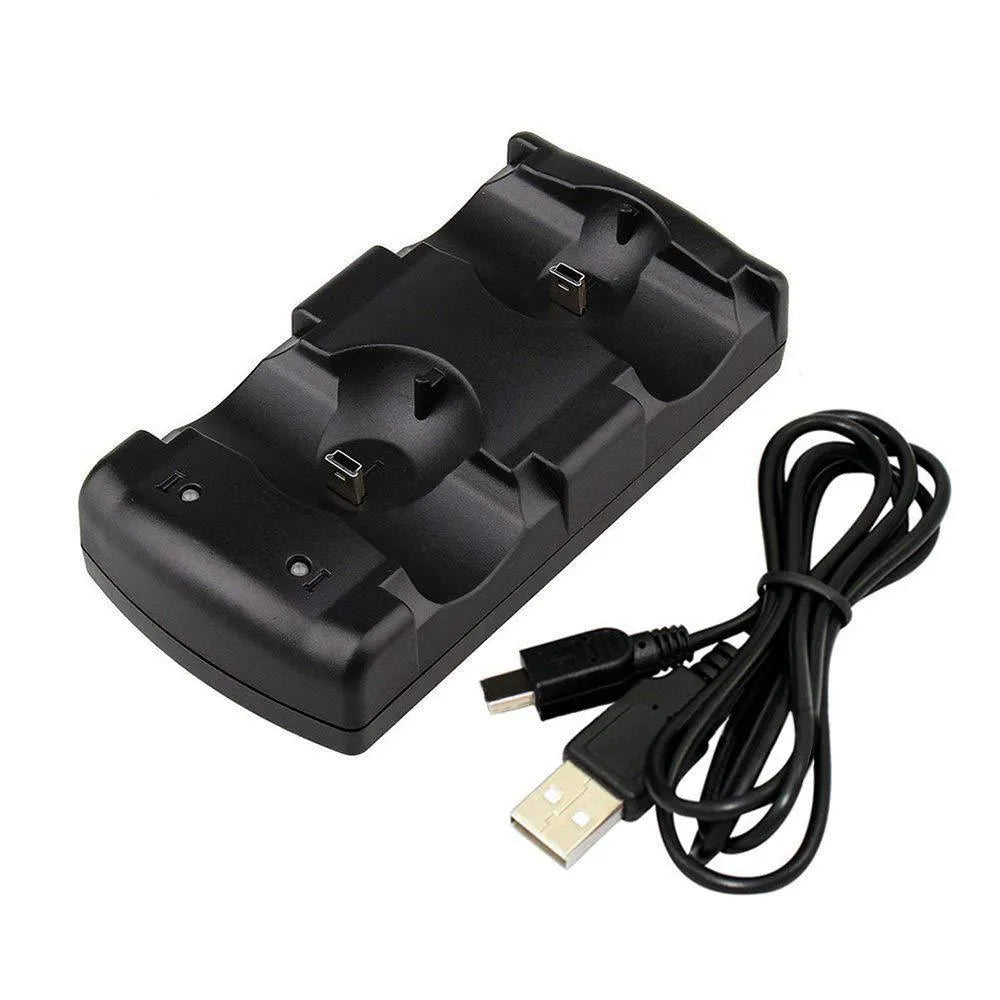 Black PS3 dual controller charging stand with wireless charging and USB interface