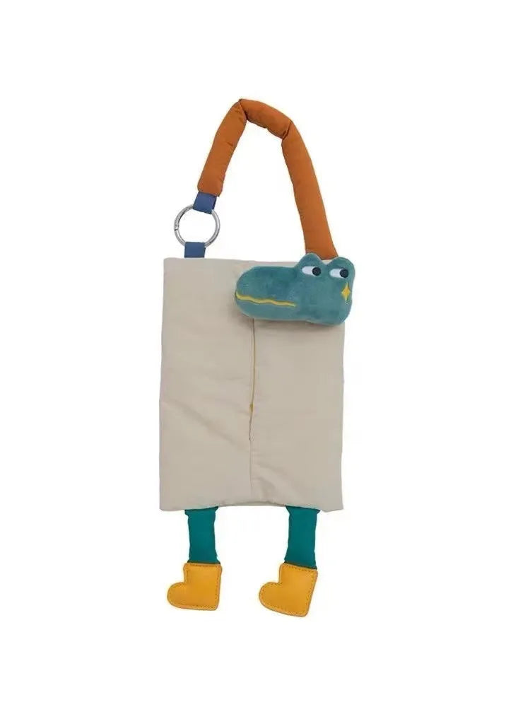 Hanging plush car tissue buggy bag in 25x19cm size with hat dog and baby crocodile colour options