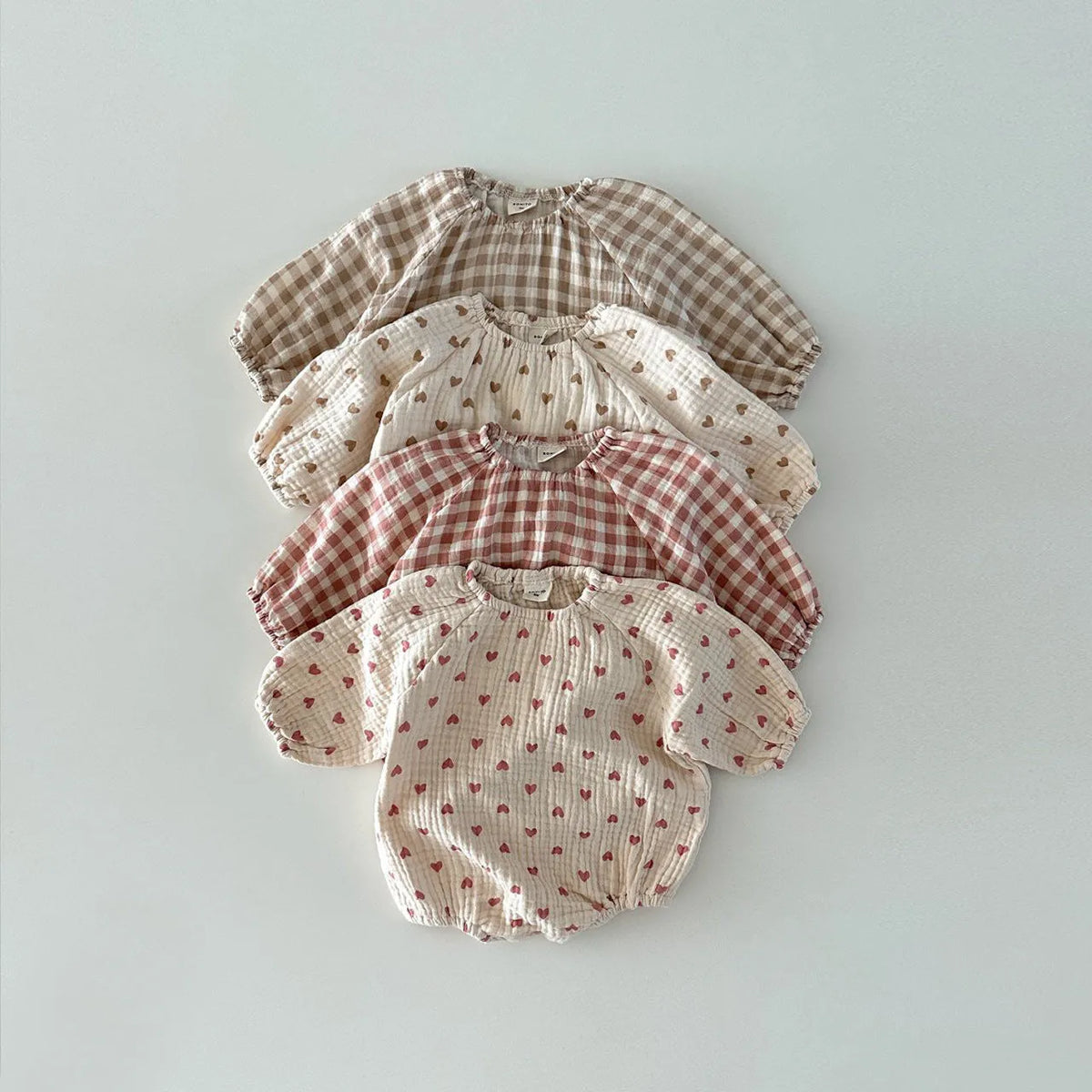 Cotton double-layer gauze casual romper for babies, pullover style, long sleeves, pink plaid pattern