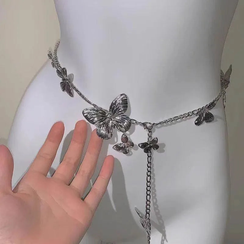 Gold butterfly waist chain for women, 104cm long and 40mm wide, shown laid flat.