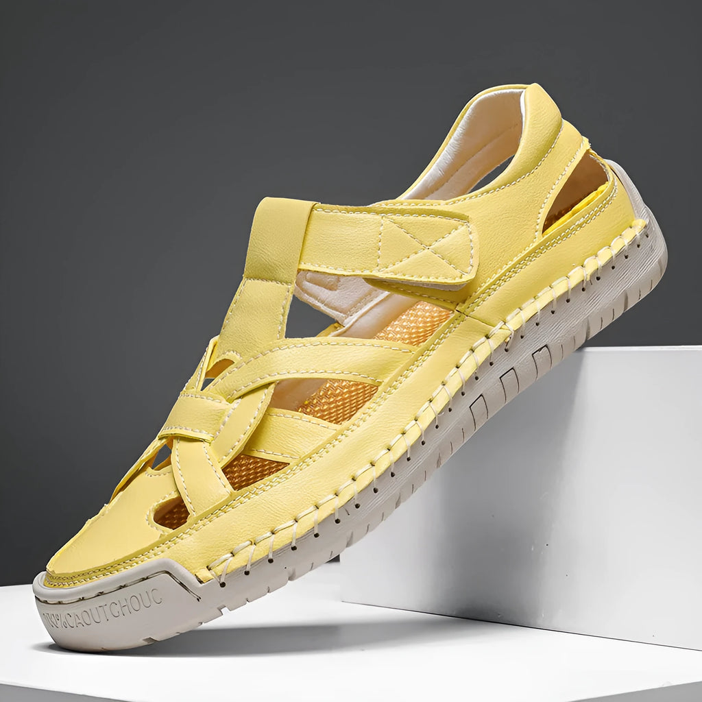 Women's casual sandals with Velcro closure, round toe design, and non-slip rubber soles in solid colour options
