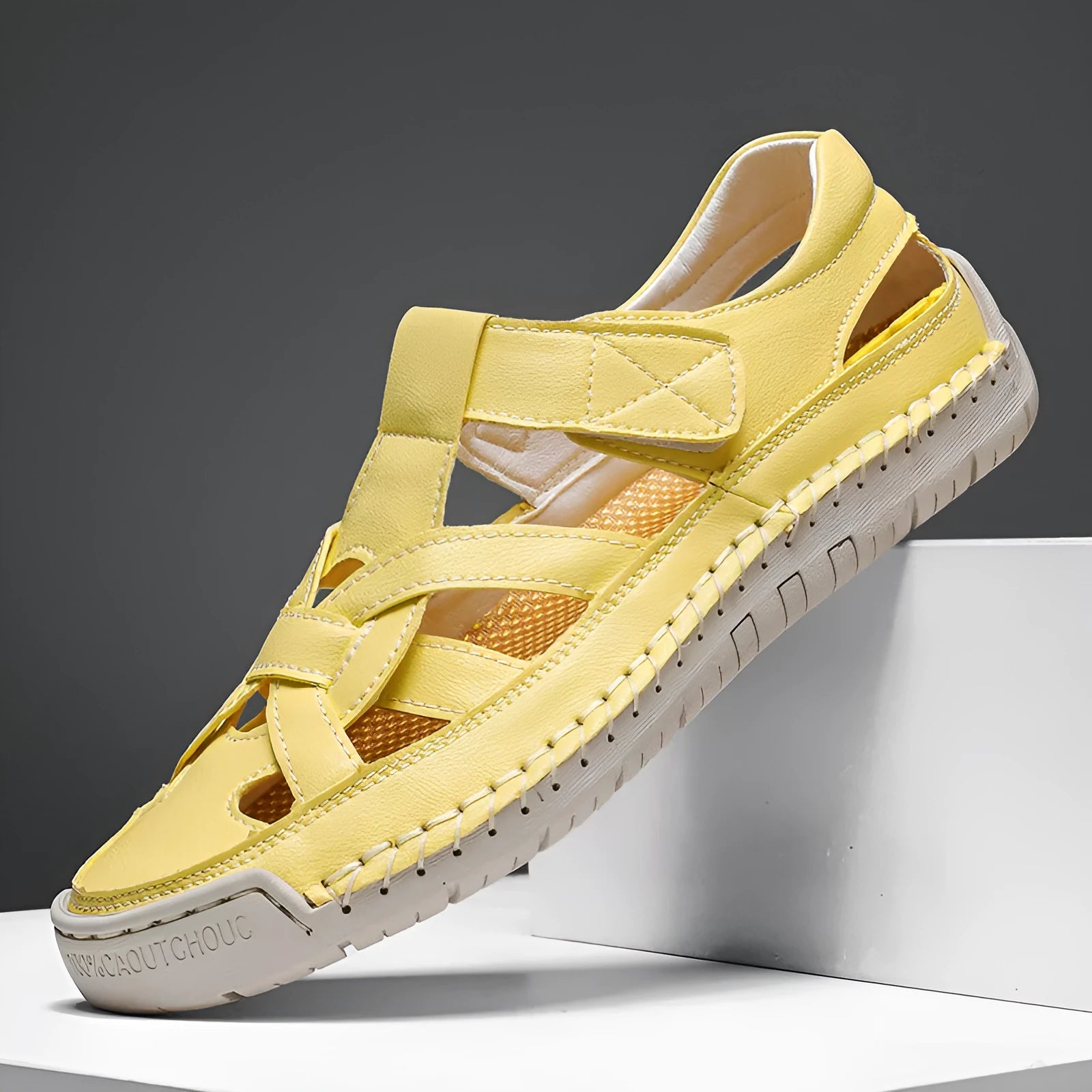 Women's casual sandals with Velcro closure, round toe design, and non-slip rubber soles in solid colour options