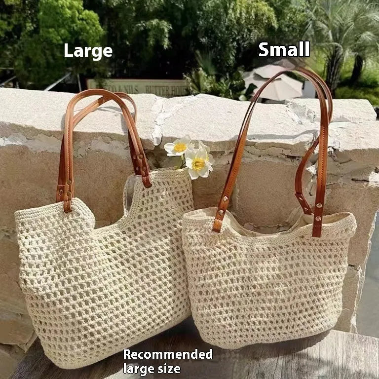 Beige woven cotton linen shoulder bag shown in small and large sizes with magnetic snap and zipper closure options