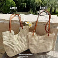 Beige woven cotton linen shoulder bag shown in small and large sizes with magnetic snap and zipper closure options