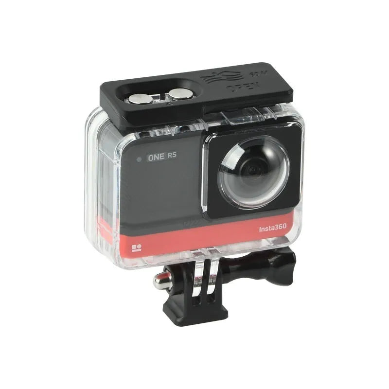 Transparent waterproof case for Insta360 One RS panoramic camera with dimensions 9cm x 8cm x 4.5cm