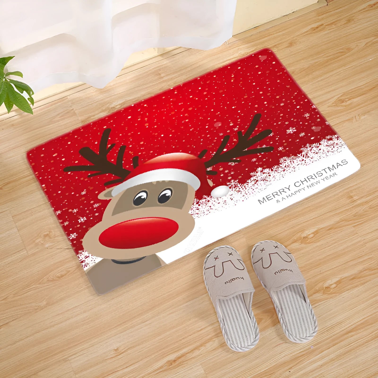 Rectangular flannel Christmas door mat with cartoon pattern, available in multiple sizes for bathroom and living room use