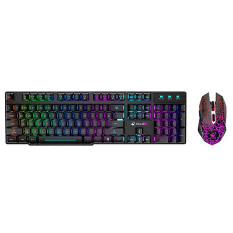 T3 wireless charging keyboard and mouse set with backlit rainbow keys on a desk