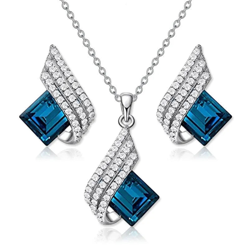 Women's electroplated necklace and earring set with alloy pendant and cross chain glass ornament