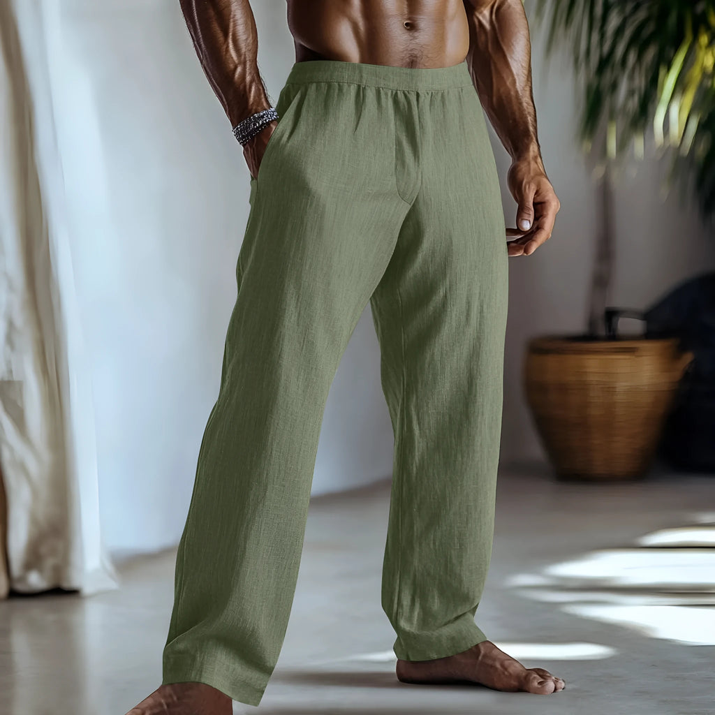 Cotton and linen straight-leg casual trousers in light green colour with pockets