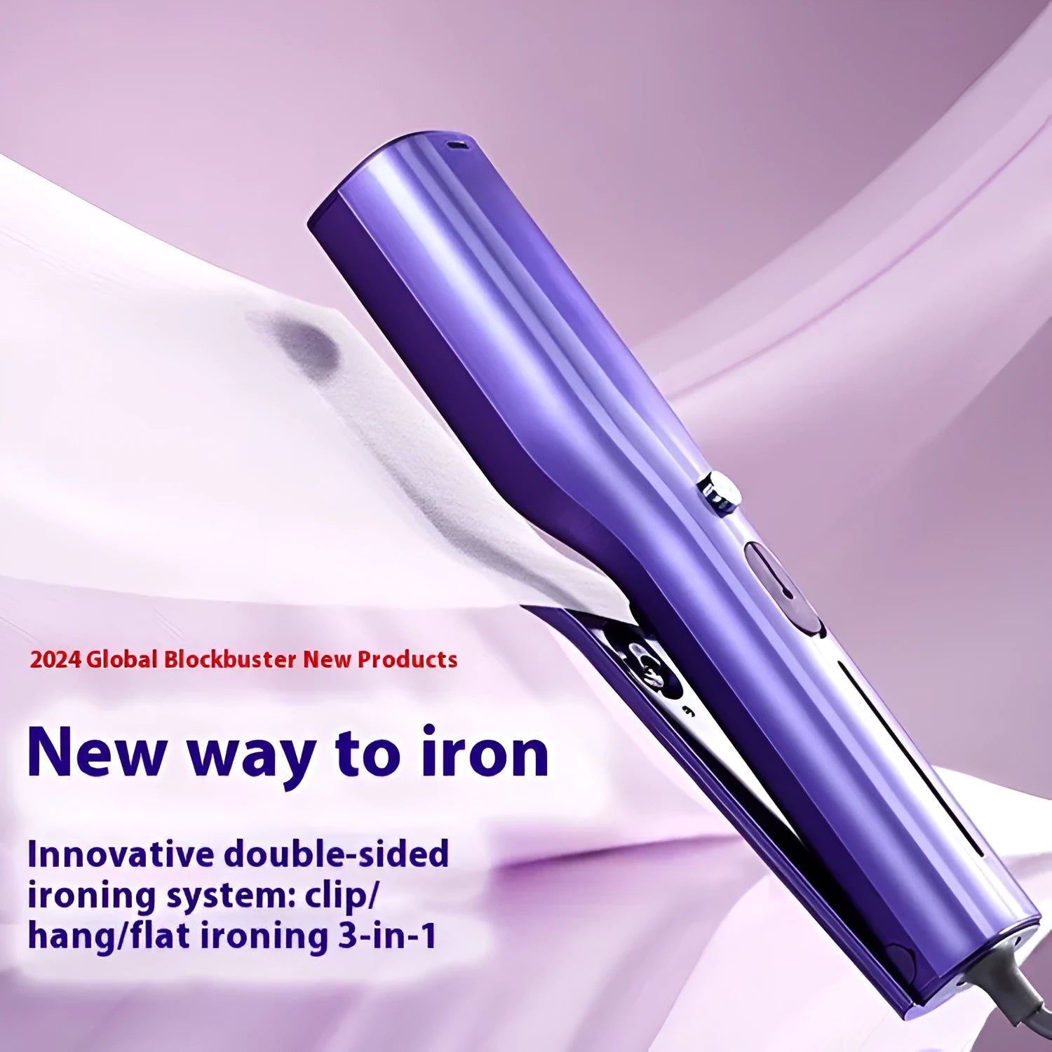 Handheld garment steamer with plastic body showing hanging and flat ironing modes