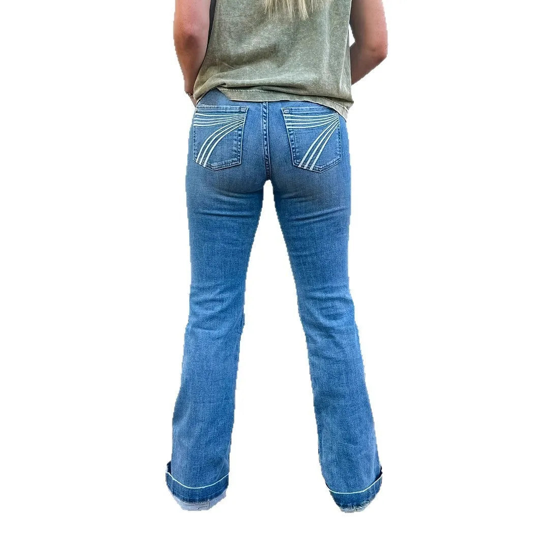Blue embroidered slim-fit denim jeans with a slight flare and zip fly on a mid-waist.