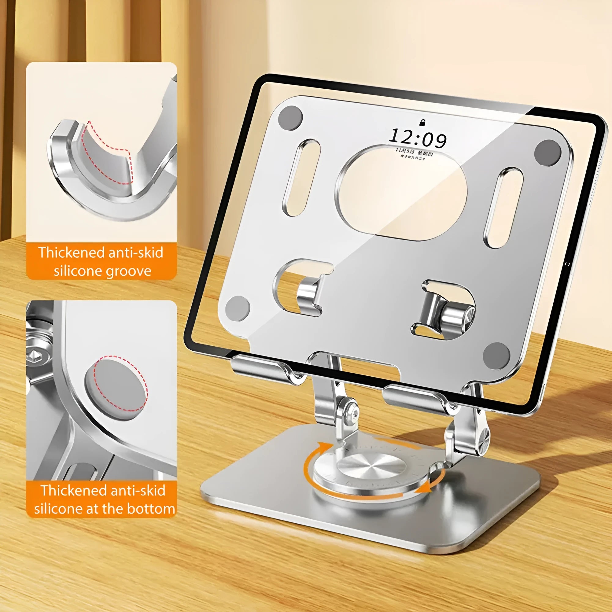 Aluminium rotating tablet stand with adjustable height in silver or black colour