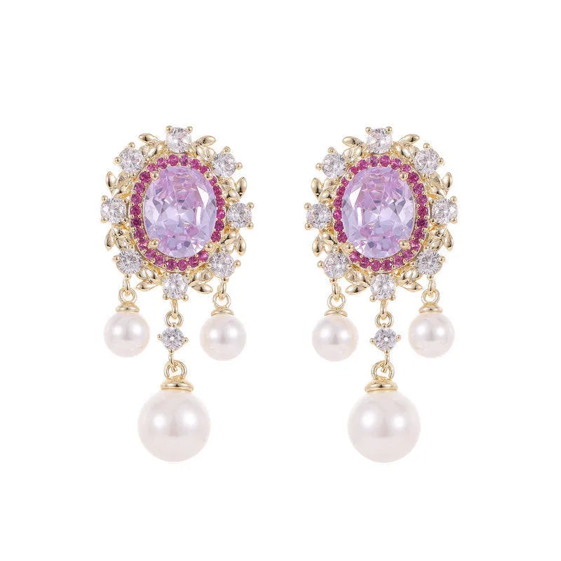 Oval geometric earrings with zircon inlaid details and pearl-accented tassel drop in light purple