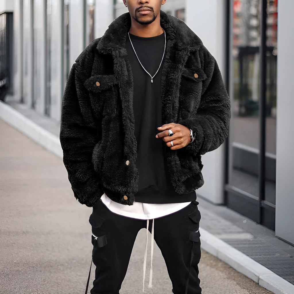 Men's black polyester jacket with long sleeves and loose fit, plain spring casual wear