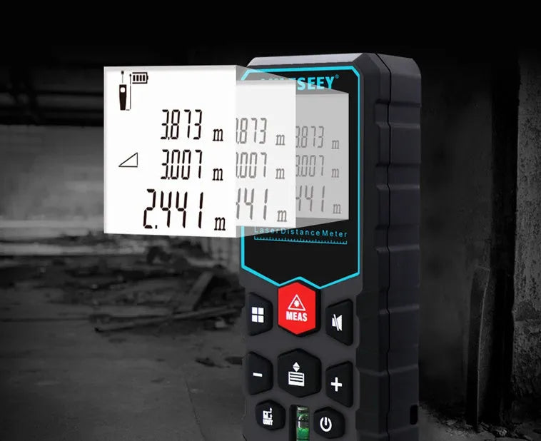 Handheld laser rangefinder 115x50x28mm in classic black showing digital display and button