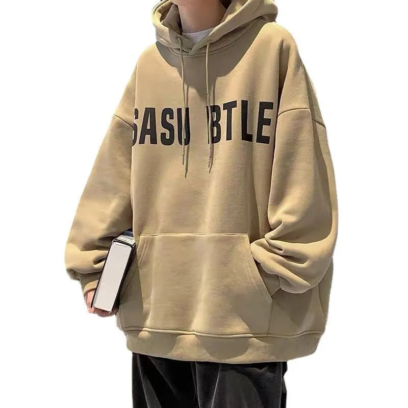 Men's hooded sweater in khaki, loose fit, topstitching patch pocket, long sleeves, velvet lining, Hong Kong style