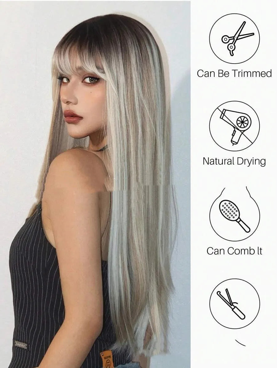 Long straight wig with dyed bangs, high-temperature fibre, natural style, colour LC1073-1