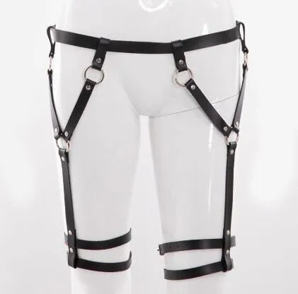 Black PU bondage underwear set with bowknot handcuffs, top, and bottom for women