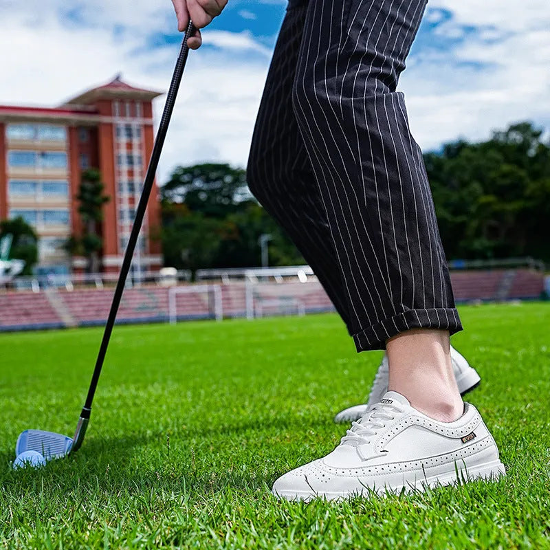 Men's Lake Blue and White genuine leather golf shoes with non-slip rubber outsoles.
