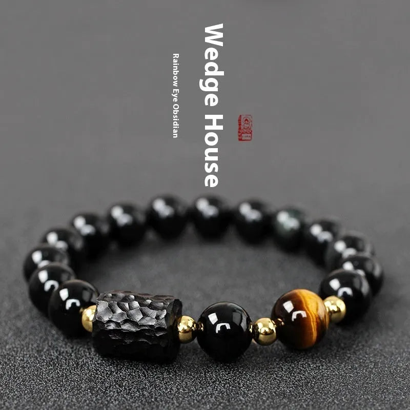 Handcrafted obsidian bracelet with 10mm yellow tiger eye beads on elastic cord