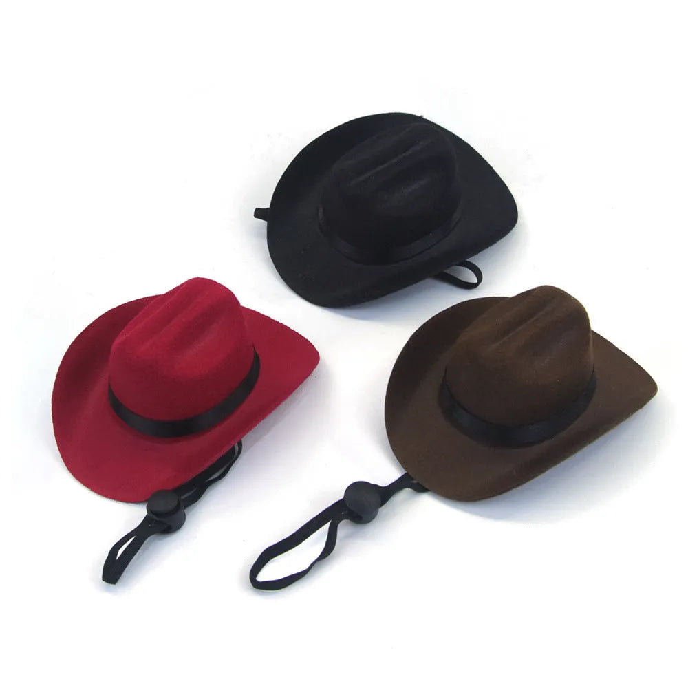 Adjustable dog cowboy hat in black, brown, burgundy, or coffee colours with rounded brim and soft fabric