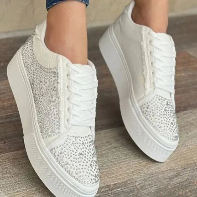 Women's lace-up casual shoes with rhinestone decoration and thick rubber soles in multiple colours