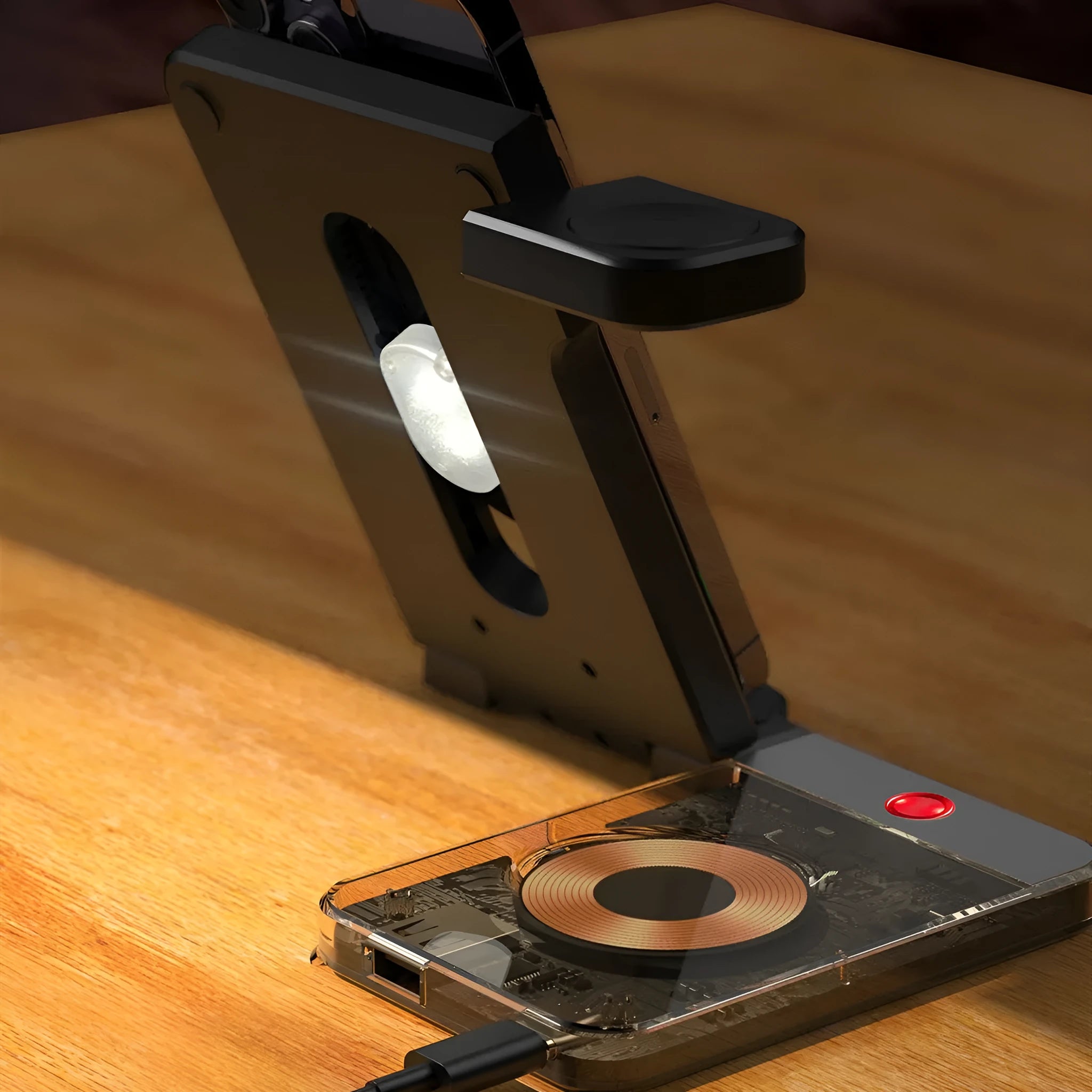 Foldable black wireless charging stand showing magnetic phone charging, Apple Watch charging, and night light function
