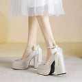 Women's waterproof platform wedding shoes with thick chunky heel in wine red colour with silk buckle detail