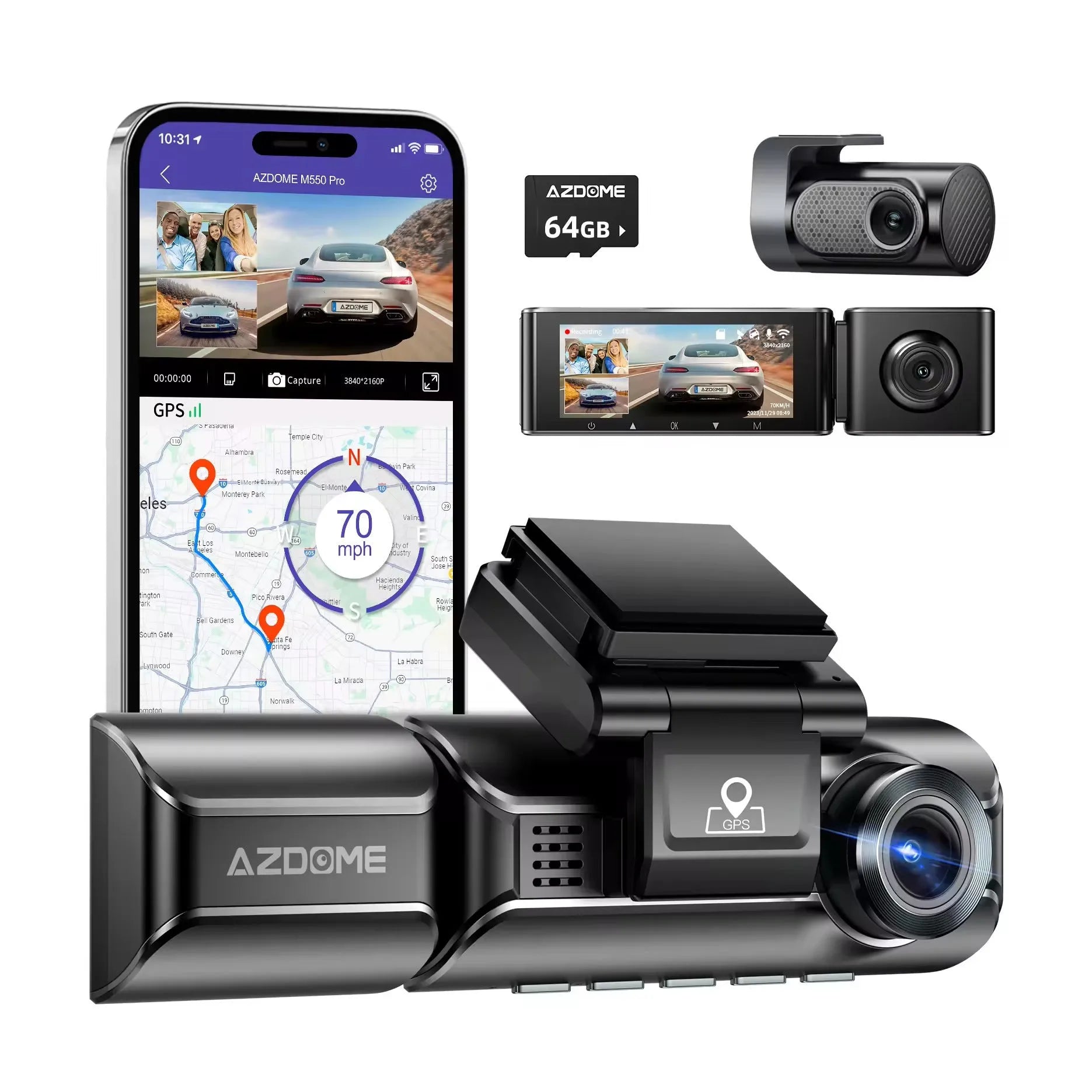 Black car dash cam with front and rear lenses, 3-inch screen, WiFi GPS, mounted on windshield bracket