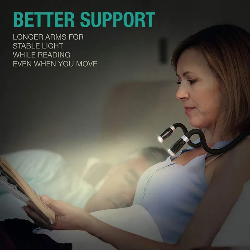 Flexible neck hug book light in blue with LED reading lamp, three modes, soft silicone, 58cm total length