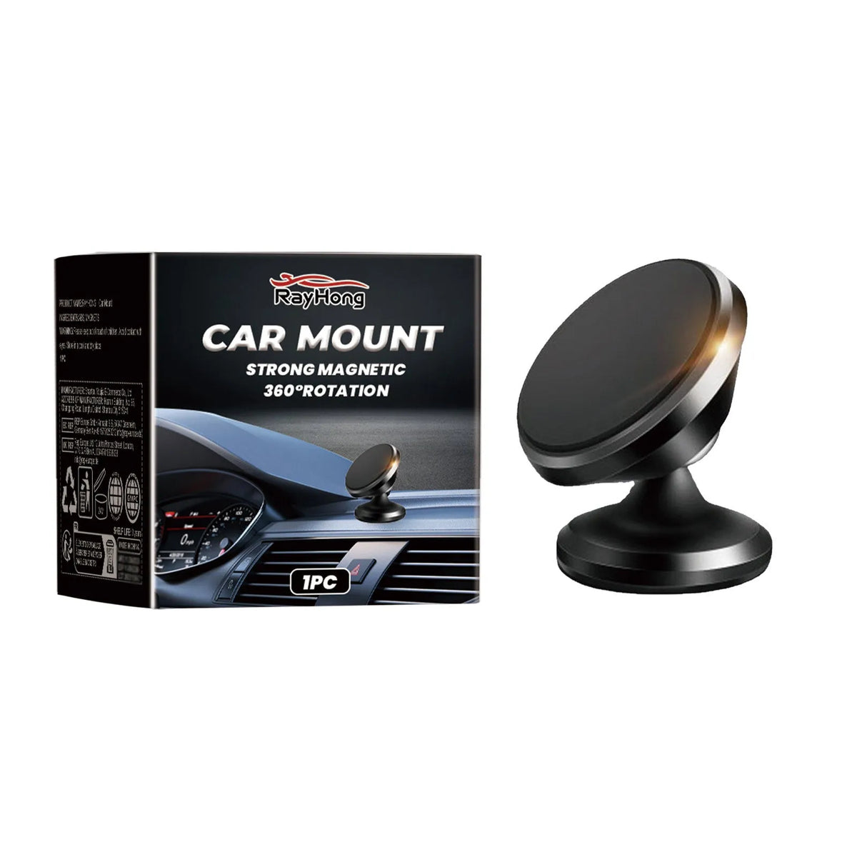 Magnetic car foldable phone holder in black ABS plastic, 3.2x3.5cm, shown on a dashboard