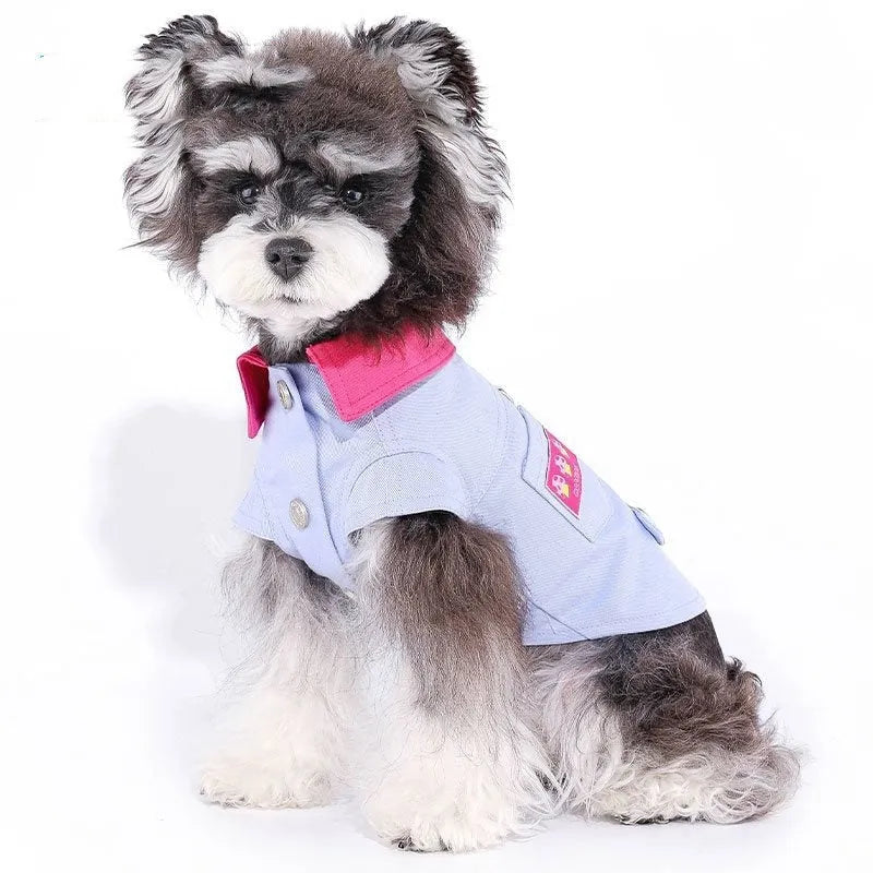 Blue and purple polyester dog vest with integrated traction rope ring for summer wear on small to medium dogs