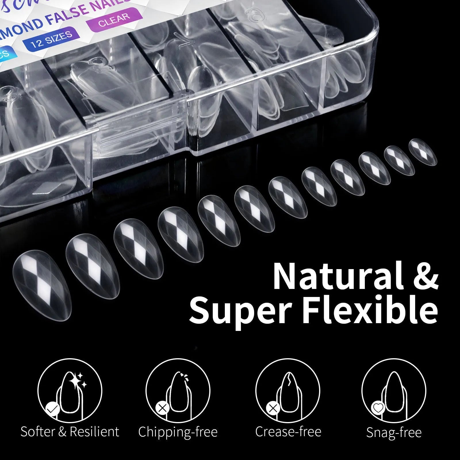 3D diamond design long nail tips in twelve colour variations, 120-140 pieces per box