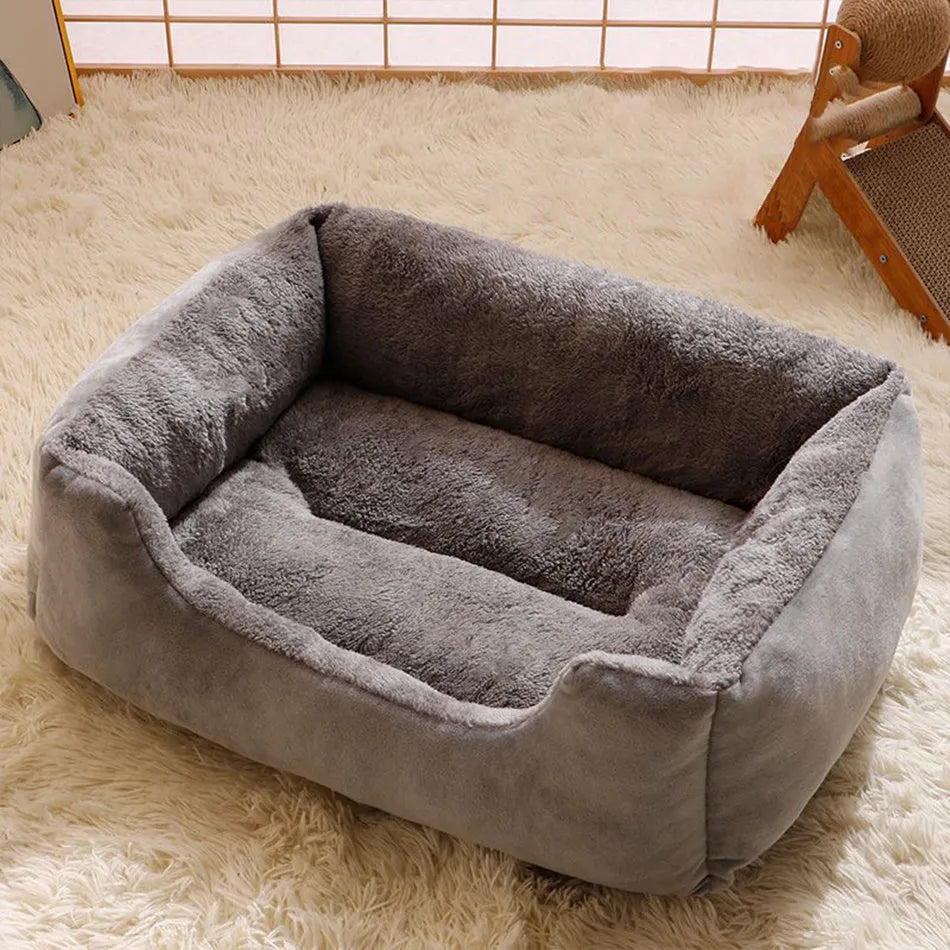 Short plush cat bed in various sizes and colours including black, coffee, grey, green and pink