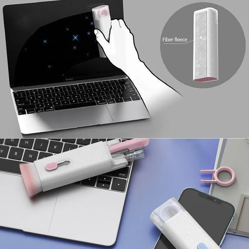 Multifunctional cleaning pen set with keycap puller, brush, spray bottle, and cloth for electronics