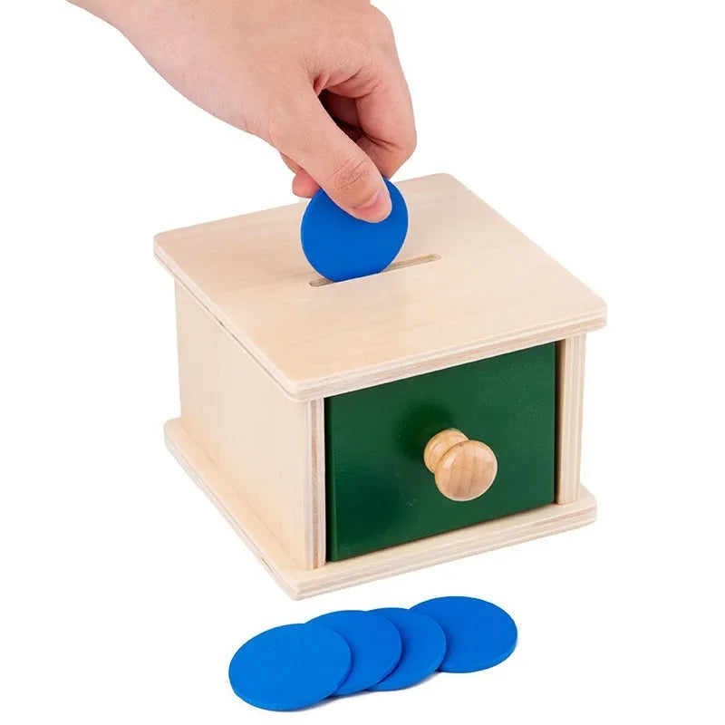 Wooden coin box drawer game teaching aid for infants 0-3 years, 14.5x13x9cm size, ball rectangular drawer colour