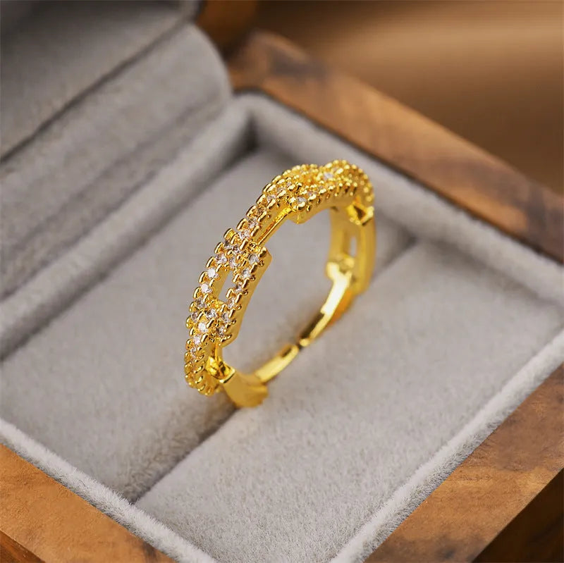 Gold geometric open adjustable ring with Korean fashion styling on copper construction