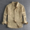 Men's loose fit long sleeve cardigan shirt in polyester available in light gray, black, khaki, and green.