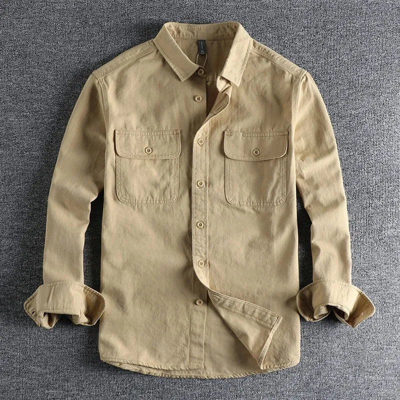 Men's loose fit long sleeve cardigan shirt in polyester available in light gray, black, khaki, and green.