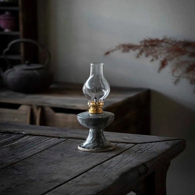 Retro split design black Shino kerosene lamp, antique handmade, 7.8cm wide 23.8cm tall, underglaze finish