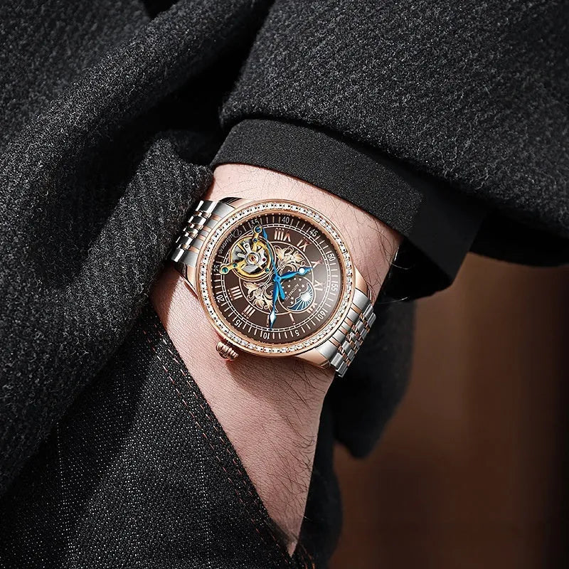 Men's stainless steel mechanical watch with a round dial, butterfly buckle, and transparent case back.