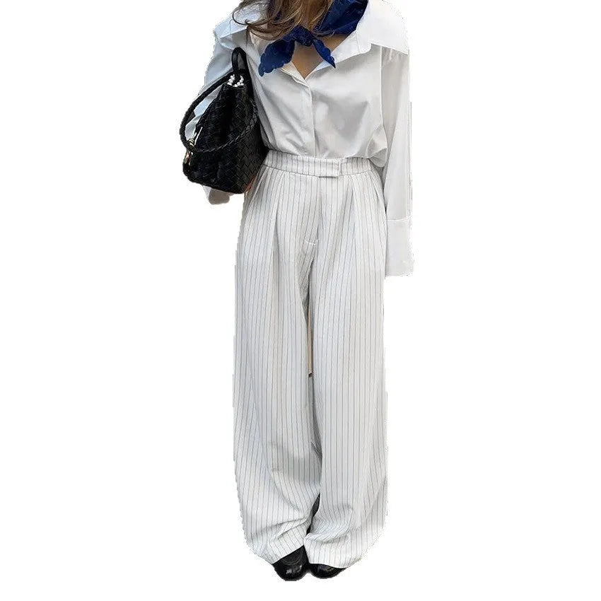 White striped wide-leg women's trousers with loose casual fit for office commuting