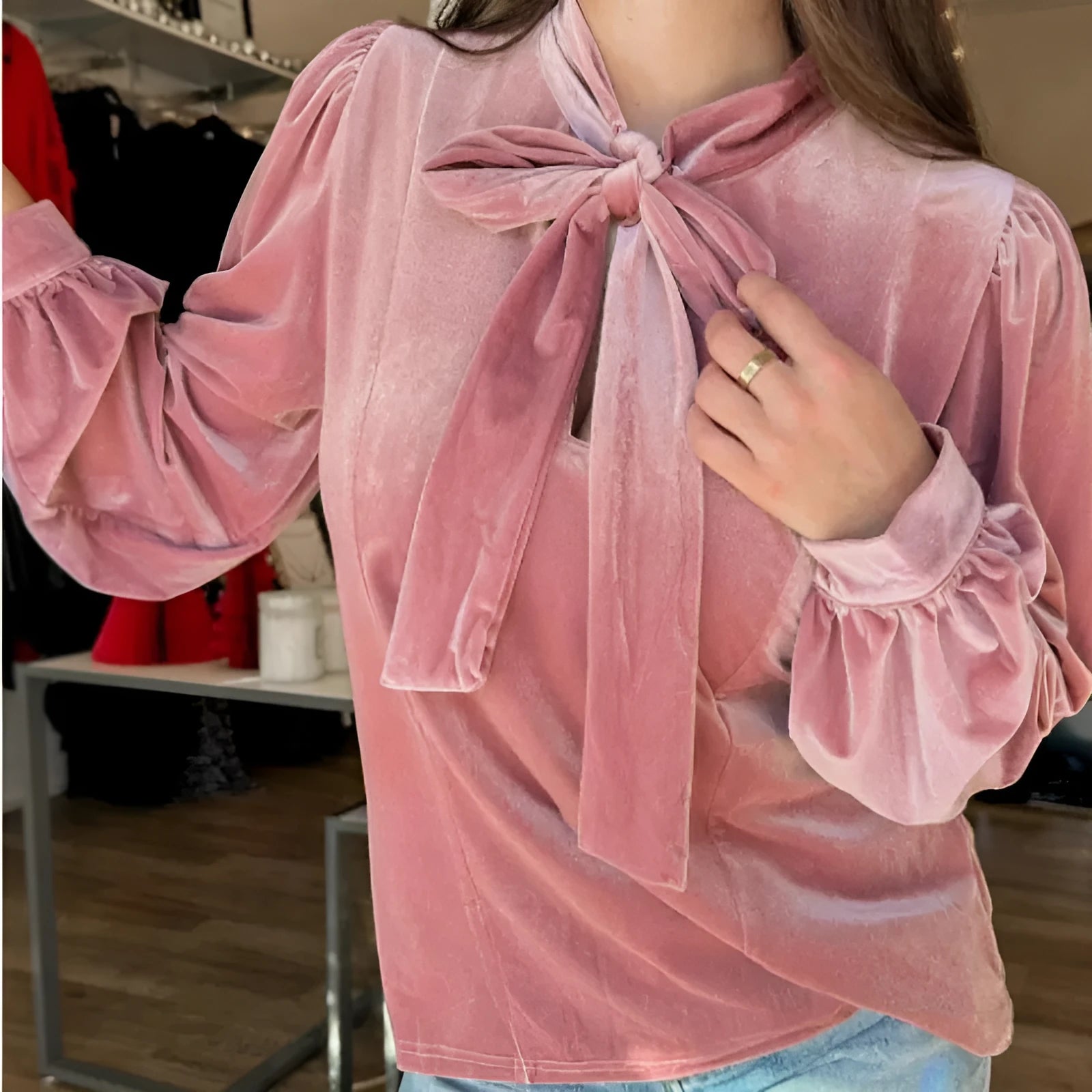 Fuchsia solid colour velvet long sleeve blouse with ribbon bow knot at neck