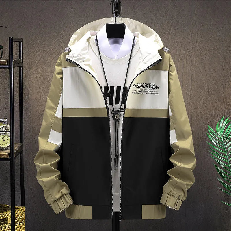 Men's colour block polyester jacket in khaki, with conventional sleeves and full front zip