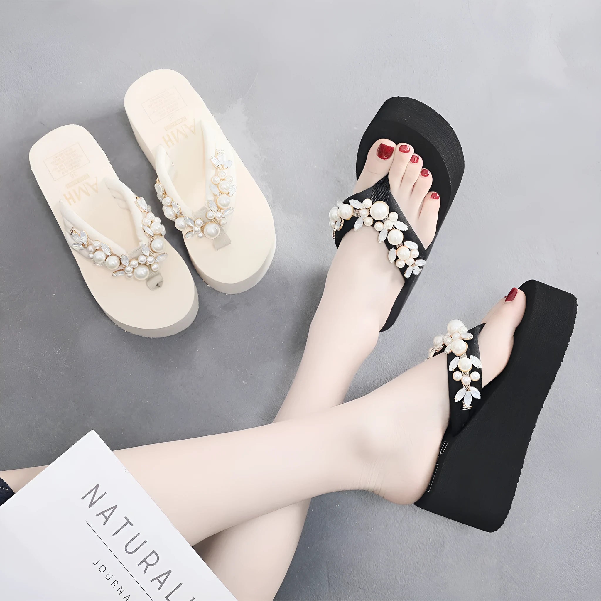 Women's beige high-heeled flip-flop sandals with cotton cloth upper on a light background.