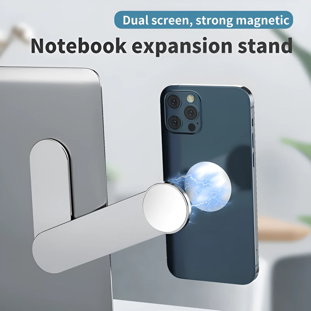 Silver aluminium alloy mobile phone bracket with magnetic attachment mounted next to computer screen