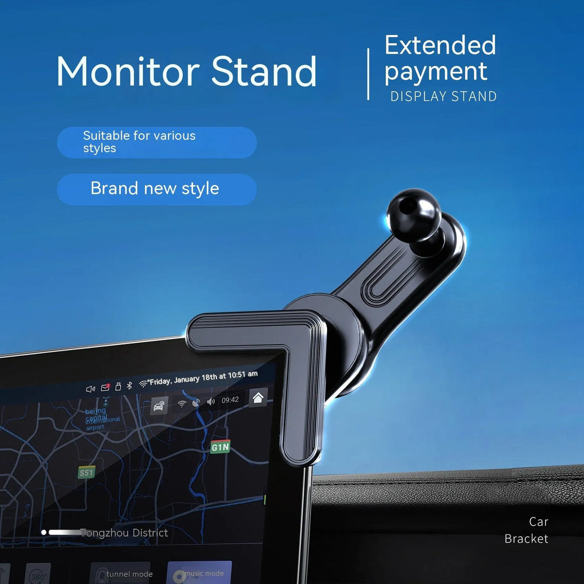 Vacuum adsorption on-board bracket for Tesla, 3 in 1 design with display clip for 4.5-6.5 inch phones