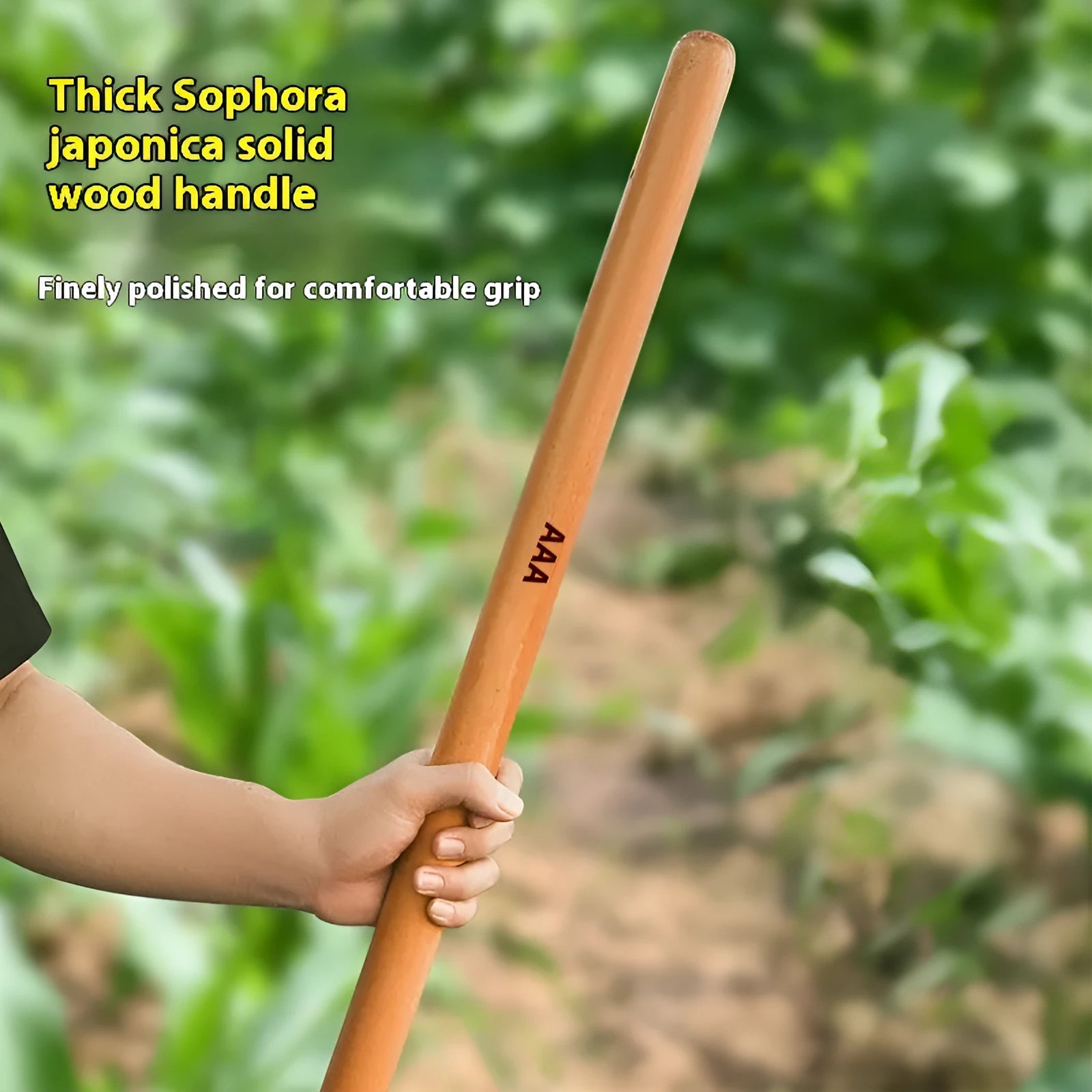 A selection of locust wood tool handles including axe, sickle, and hoof hoe handles in different lengths.
