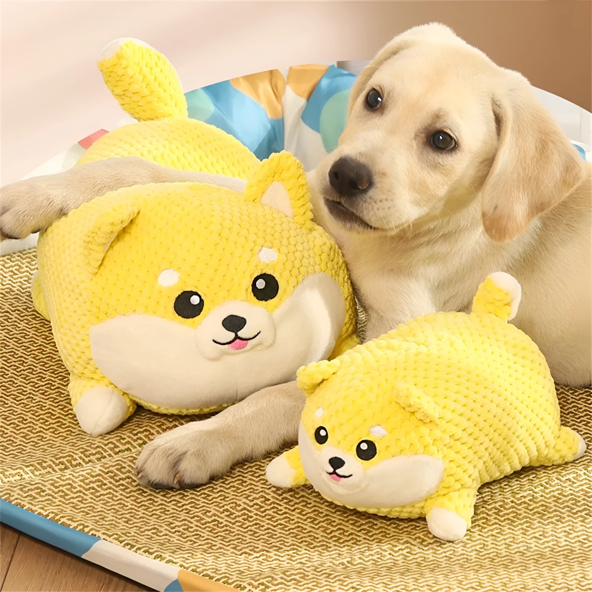 Plush calming dog toy with pillow shape, textured surface, and squeakers inside