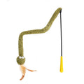 Green cat teasing stick with snake design and colourful feather attachments on 140 cm pole